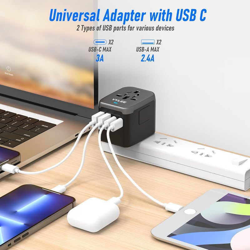 VYLEE Universal Travel Adapter, 5 in 1 International Power Adapter, 3.5A 2xUSB-A and 2xUSB C Wall Charger, Worldwide Travel Essentials Plug for Europe USA UK AUS Asia (Black Grey) - Image 2